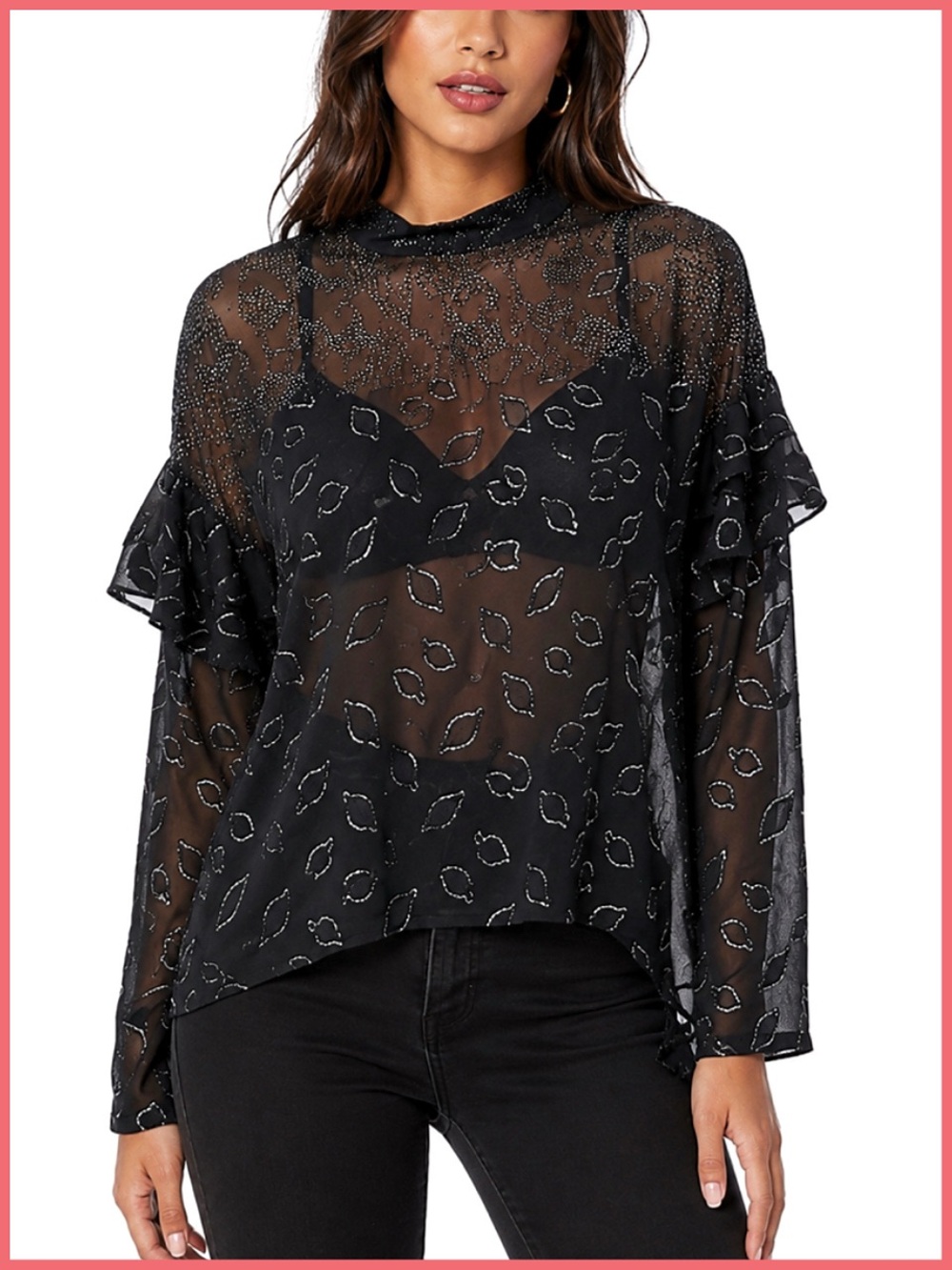 BCBGMaxAzria Black Sheer Chiffon Metallic Top